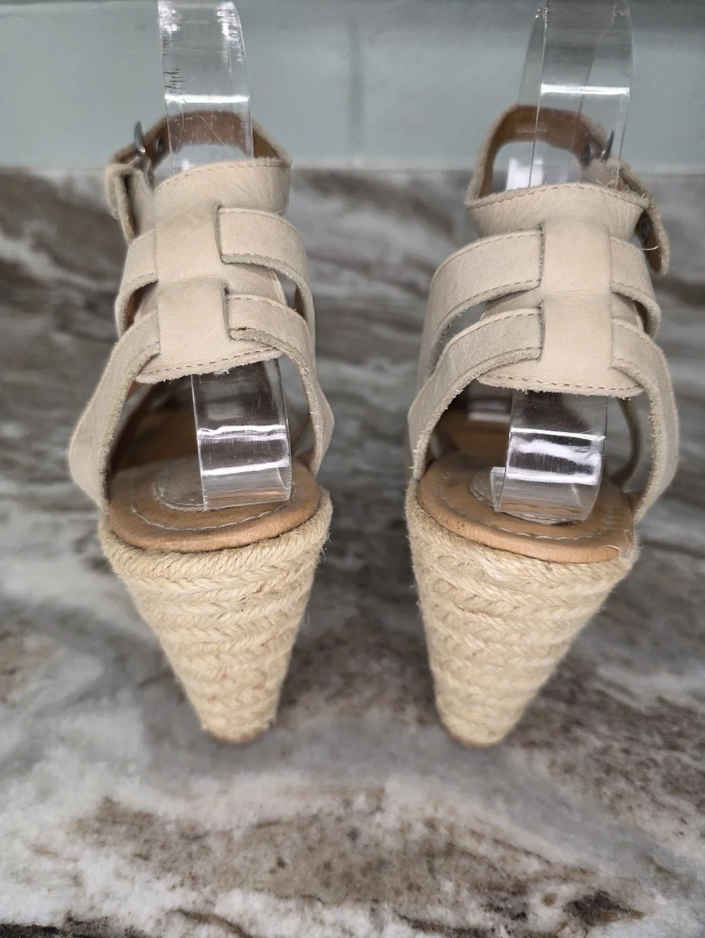 FOSSIL Buff Leather Ankle Strap Wedges Espadrille Sandals Sz 8